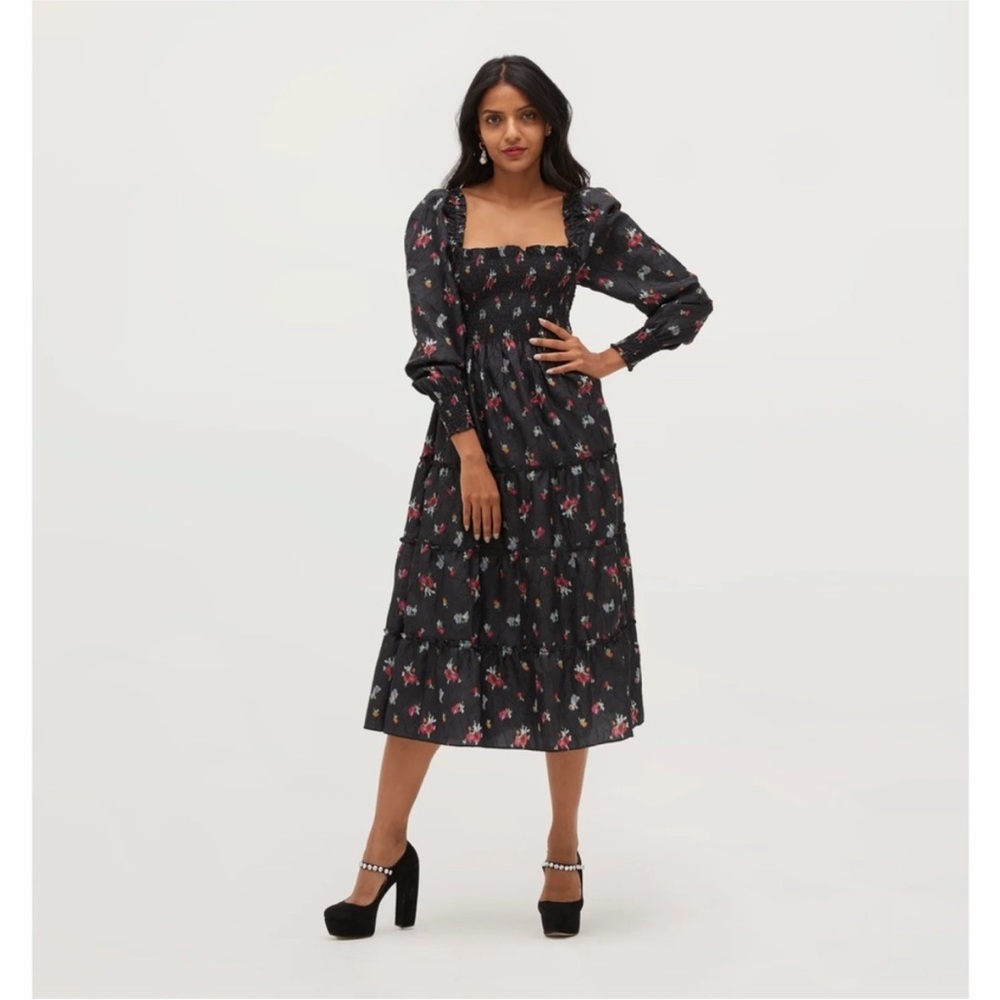 NWT Hill House Naomi Dress in Black Ikat Taffeta, Size L
